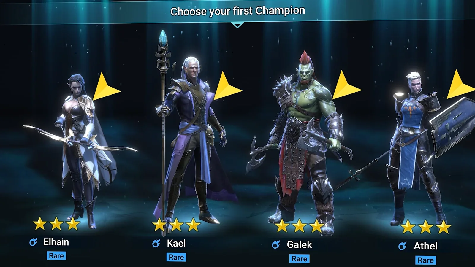 Kael, Elhain, Athel and Galek displayed as RAID starter champions
