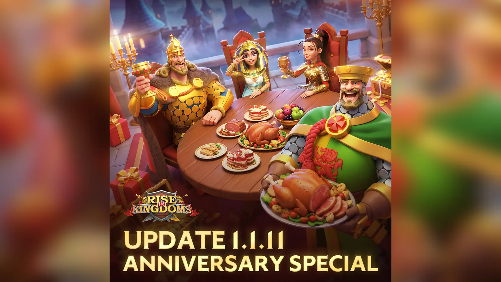 Rise of Kingdoms commanders celebrating around a banquet table in the Update 1.1.11 anniversary artwork