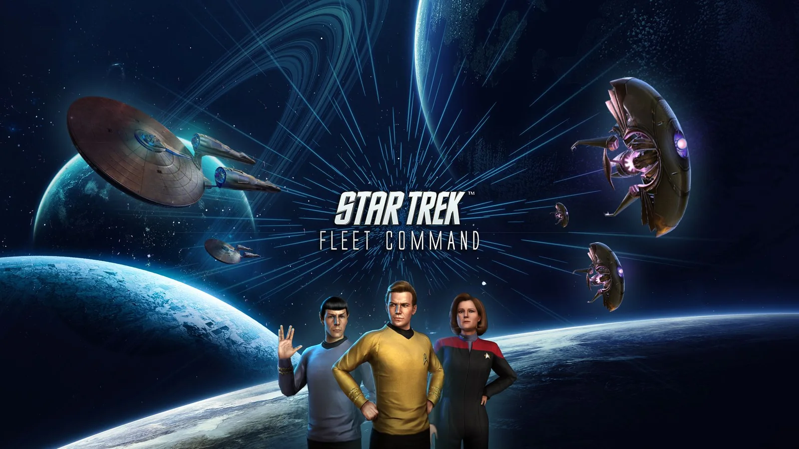 Star Trek Fleet Command starships and iconic Starfleet officers in space
