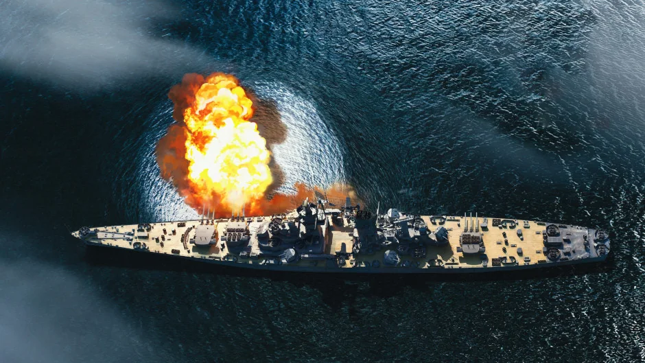 War Thunder battlecruiser Alaska firing its main guns at sea
