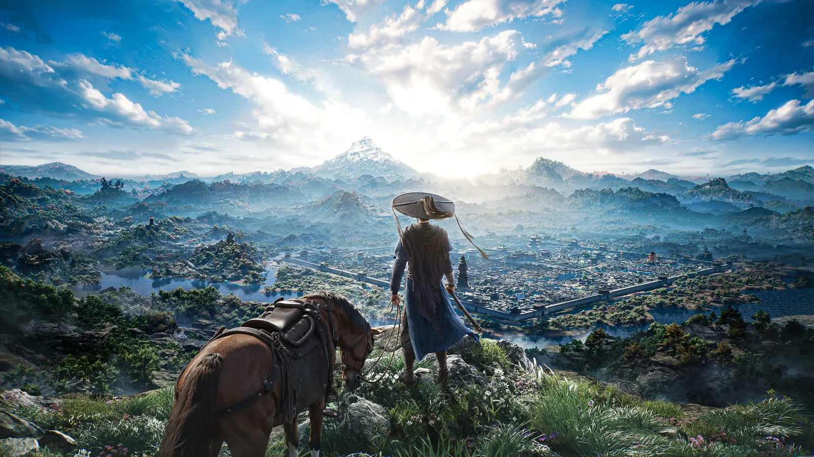 Where Winds Meet sword master and horse overlooking a vast wuxia open world